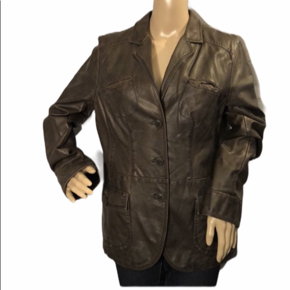 Liz & Co Dark Brown Faux Vegan Leather Fitted Blazer Large